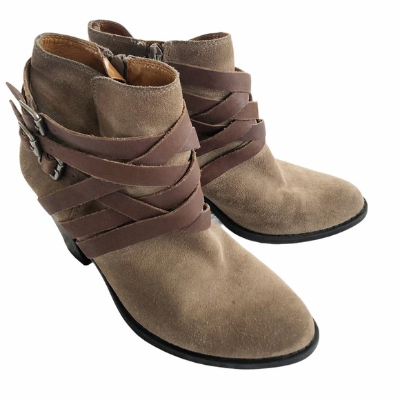 Lucky Brand "Elwood" Tan Suede Belted Booties - Picture 1 of 11